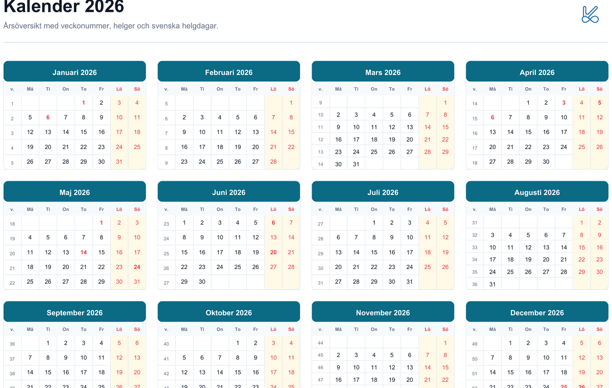 Förhandsvisning av Kalender 2026 PDF